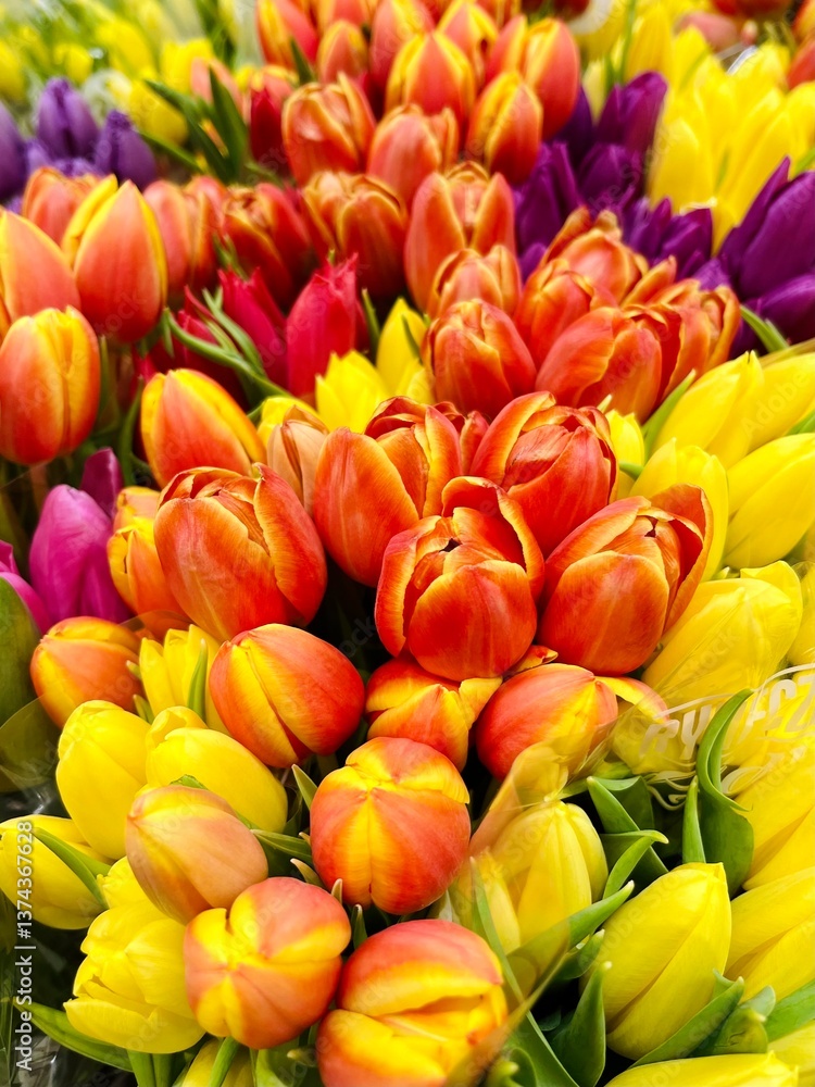 Fresh market tulips – A selection of freshly picked tulip bouquets, showcasing their rich colors and lush green leaves, perfect for floral enthusiasts. Fresh market tulips – A selection of freshly picked tulip bouquets, showcasing their rich colors and lush green leaves, perfect for floral enthusiasts.