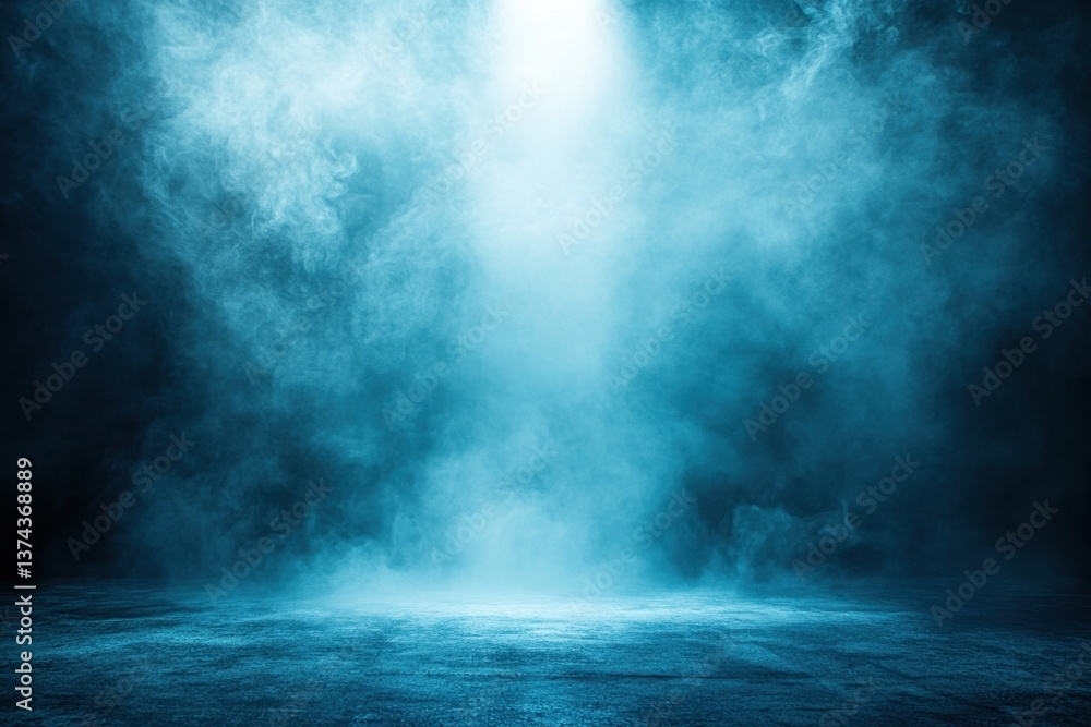 Fototapeta premium Ethereal turquoise smoke illuminated by a radiant spotlight creating a mesmerizing stage ambiance and dramatic atmosphere for creative projects