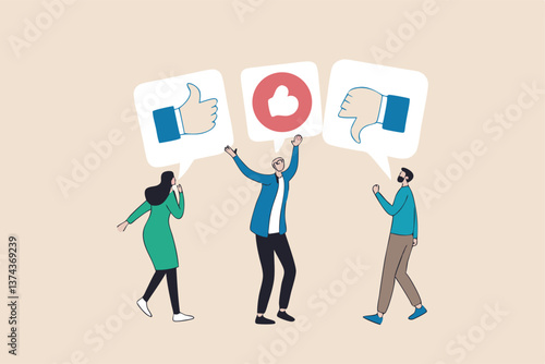 Social feedback, opinion or business advice, employee discussion, debate or customer comment, social media positive and negative feedback, people giving opinion with thumb up, thumb down feedback.