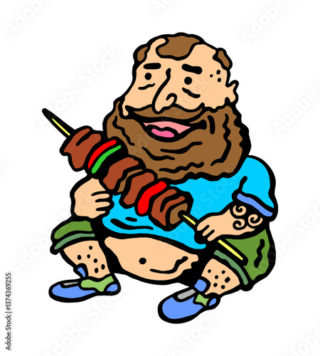 Vector color illustration of a fat man with a meat kebab in his hands on a white isolated background