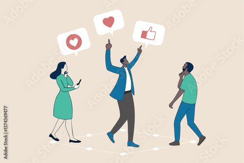 Social feedback, opinion or business advice, employee discussion, debate or customer comment, social media positive and negative feedback, people giving opinion with thumb up, thumb down feedback.