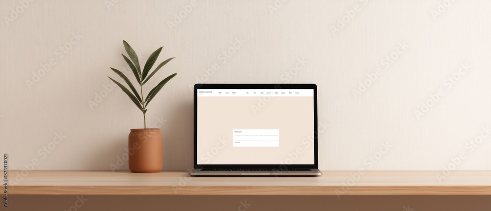 Fototapeta premium Laptop computer sitting on a wooden desk against a plain white wall. the laptop is open and the screen is blank, with a white background.