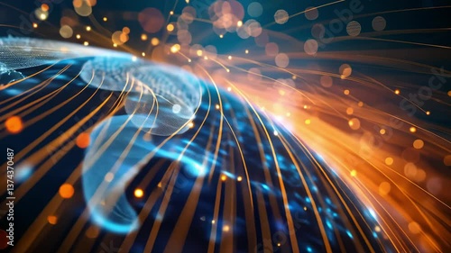 Digital Connections in Global Network with Bright Sparkles and Lights