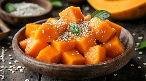 Obraz na płótnie Delicious wooden plate with papaya pieces with sesame seeds grated coconut sesame seeds and oat flakes as a dessert or healthy snack made at home on a wooden table in the kitchen w salonie