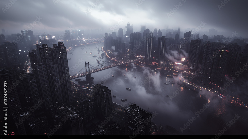 Obraz premium ネオンに染まる重慶の夜景 ― 近未来都市の静けさ