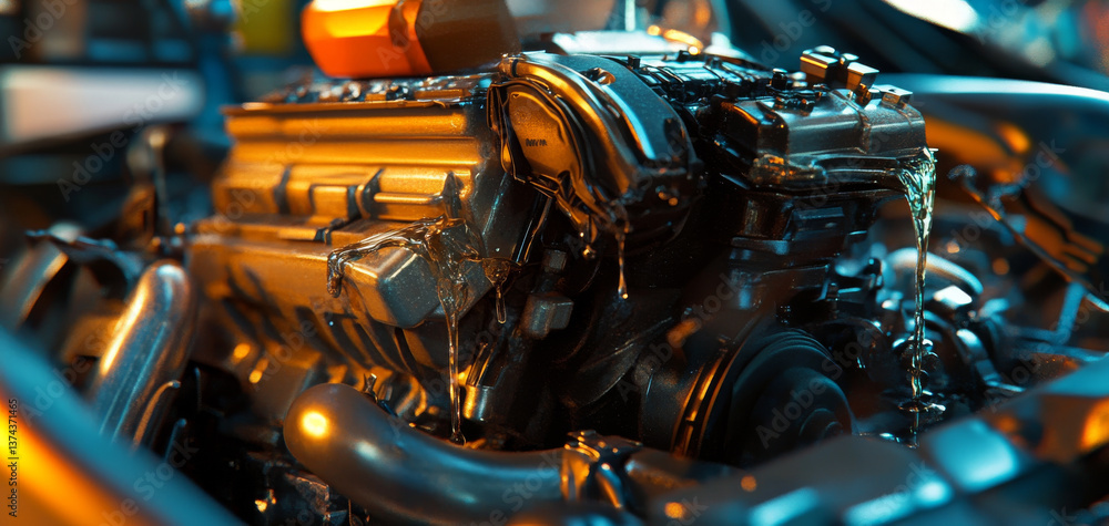 Fototapeta premium detailed view of car engine showcasing intricate components and oil flow, highlighting mechanical expertise involved in automotive repair. image evokes sense of precision and craftsmanship