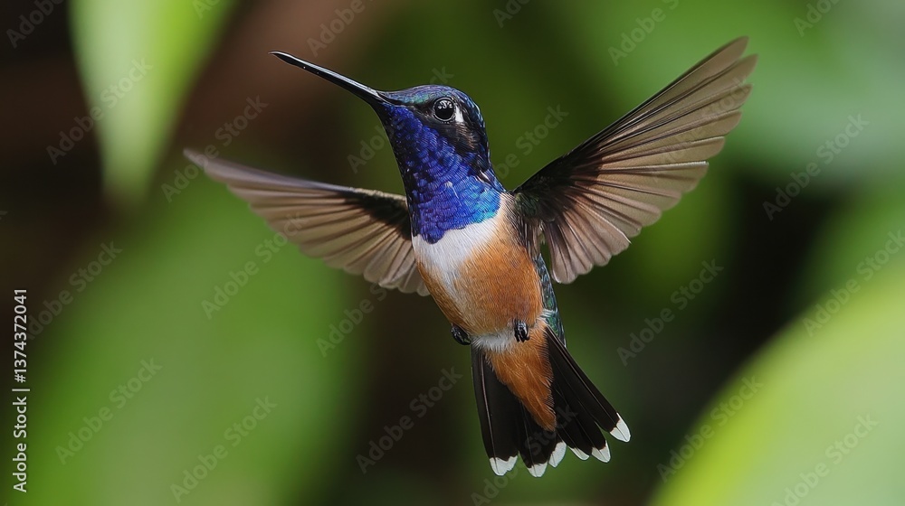 Fototapeta premium Vibrant hummingbird in flight displaying iridescent blue plumage against a lush green tropical background nature photography