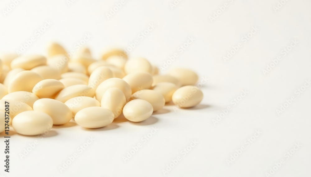 Scattered white beans on pristine white background, isolated, still life, bean texture Scattered white beans on pristine white background, isolated, still life, bean texture