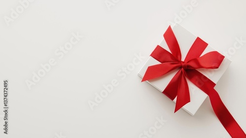 Flat lay of a small white gift box with a red ribbon tied in a bow on top. the ribbon is tied in the shape of a star and is tied with a thin red ribbon.