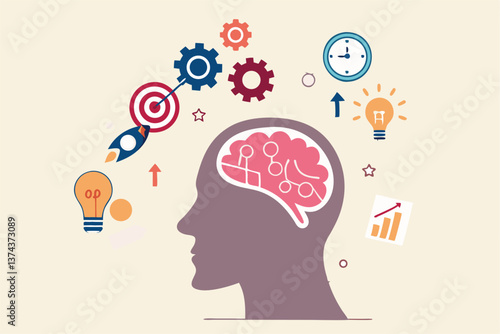 Genius or expert to develop or learning new skills, brainstorming, knowledge or wisdom, competence or intelligence to improve capability concept, human brain with success business management elements.