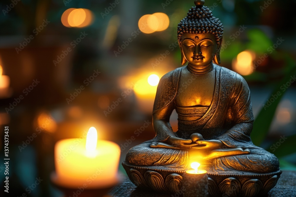 Fototapeta premium Serene Buddha statue illuminated by soft candlelight in a tranquil setting, symbolizing peace and mindfulness, meditation and spirituality concept