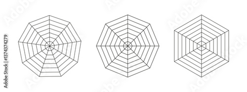 Octagon, hexagon, enneagon radar, diagram template. Spider mesh. Polygon graphs. Diagram for statistic, analytic. Blank radar charts. Minimalist coaching tool. Grid with segments. Graphic illustration