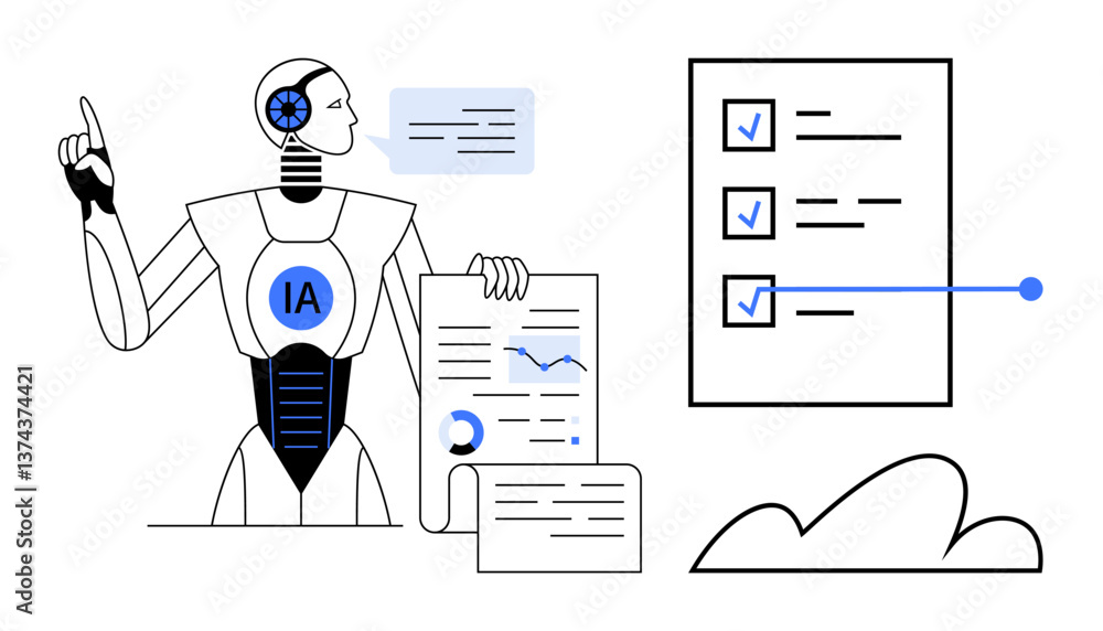 Naklejka premium AI robot reviewing analytics, checklist updates displayed visually, cloud element representing online data storage. Ideal for technology, automation, organization, task management, cloud computing