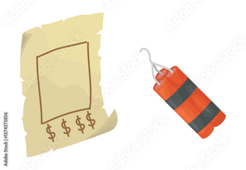 Illustration depicting a tattered, vintage 'Wanted' poster with a blank frame and dollar signs at the bottom, alongside a bundle of red dynamite sticks with gray stripes and a lit fuse