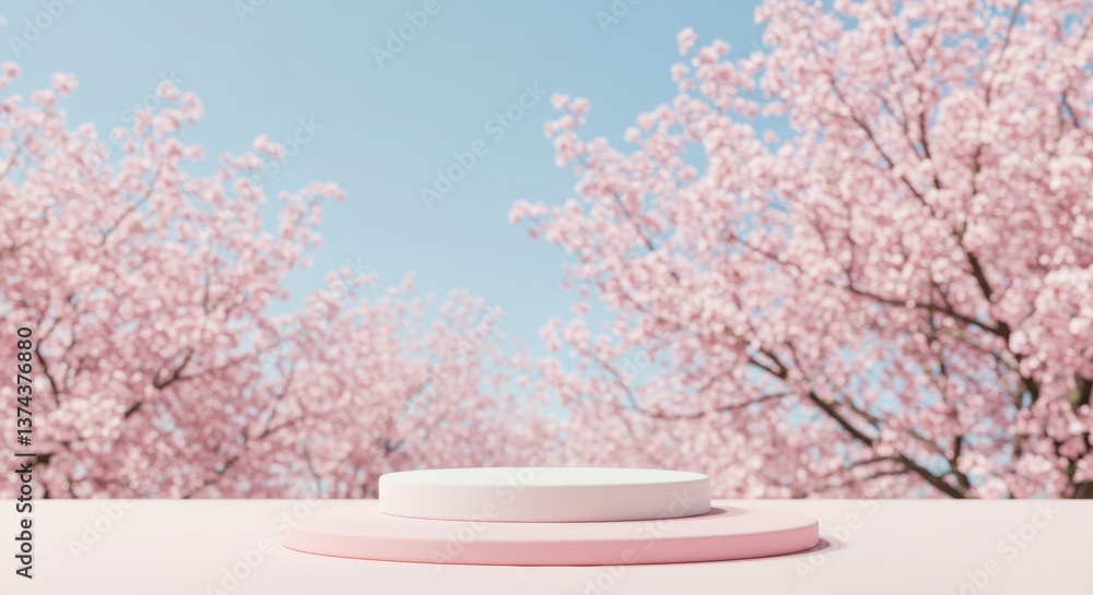 Fototapeta premium Elegant product showcase with pastel podium and dreamy sakura blossom background