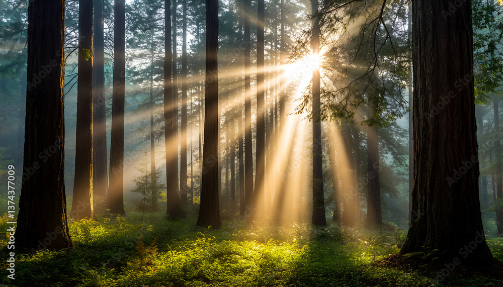Obraz premium Sunlight Shining through Trees in a Peaceful Forest