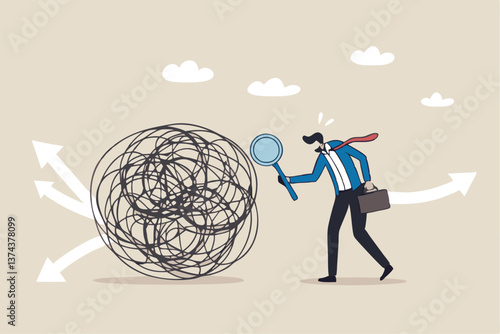 Analyze problem finding solution or opportunity, look for details to solve problem, discovery or search, root cause analysis or troubleshooting concept, businessman analyze mess with magnifying glass.