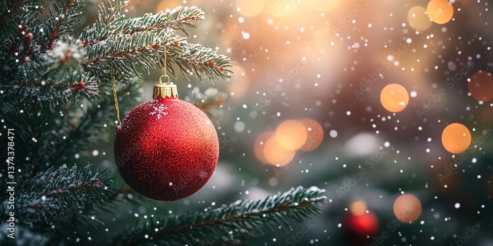 Obraz premium A glistening red ornament hangs on a snow-dusted Christmas tree, creating a magical winter scene.