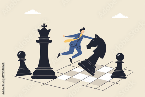 Strategic move, leadership to lead team with strategy, challenge to success, courage and confidence to win business competition concept, businessman riding chess knight lead team to win chess victory.
