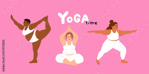 Plus size Girls Practice Yoga With Confidence And Strength, Embracing Body And Its Capabilities, Dispelling Stereotypes Of Physical Fitness And Beauty Standards. Cartoon People Vector Illustration