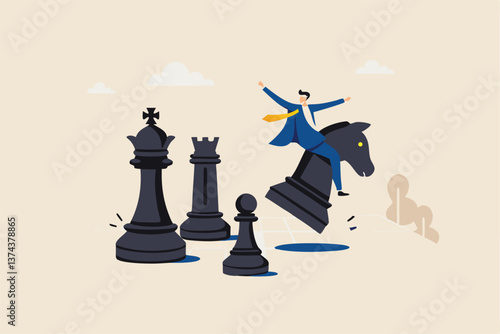 Strategic move, leadership to lead team with strategy, challenge to success, courage and confidence to win business competition concept, businessman riding chess knight lead team to win chess victory.