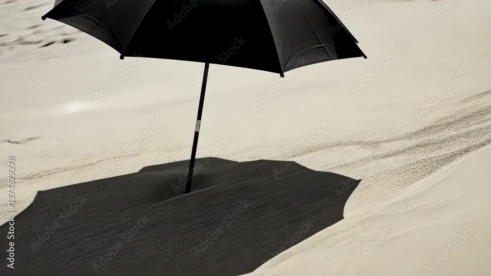 A minimalist beach umbrella casting soft shadows on the sand. digital