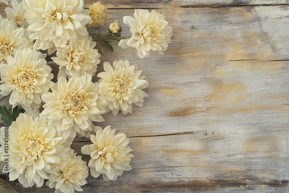Obraz premium Cream-colored chrysanthemum blossoms arranged on rustic wood background, showcasing elegant simplicity and natural beauty, ideal for greeting cards or website header