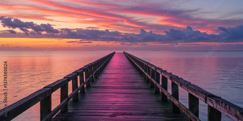 Fototapeta premium A wooden pier extends towards a gorgeous colorful sunset over water