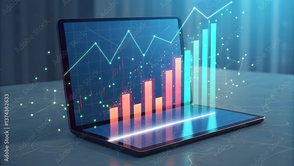 Naklejka premium Digital Chart Display on Laptop Screen with Increasing Bars and Line Graph for Analysis.