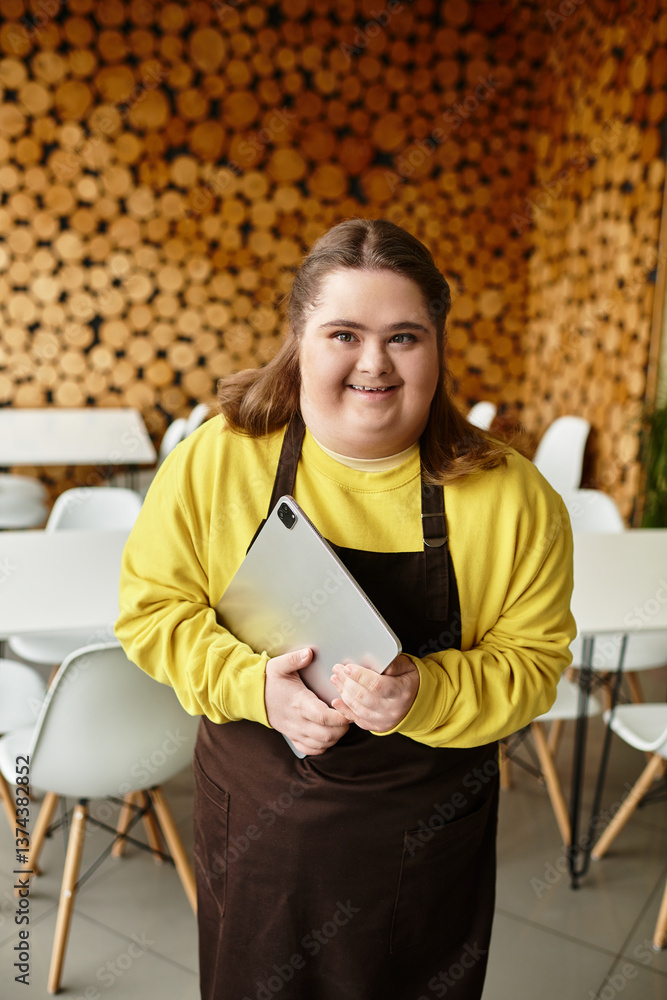 Fototapeta premium Confident young woman with Down syndrome enjoying her time in a cozy cafe setting