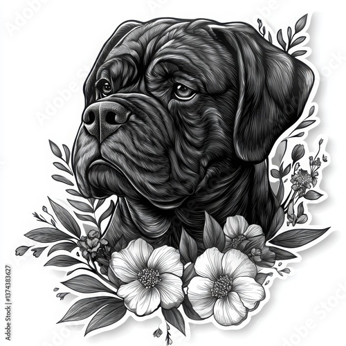 Wallpaper Mural Noble Hound in Monochrome: A striking monochrome illustration of a majestic dog's head, adorned with elegant floral elements, evoking a sense of dignified beauty and loyal companionship. Torontodigital.ca