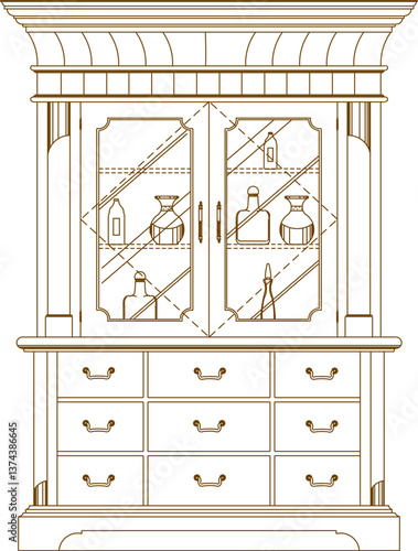 sketch vector illustration design engineering drawing architectural detail furniture cupboard teak wood classic vintage ethnic traditional  