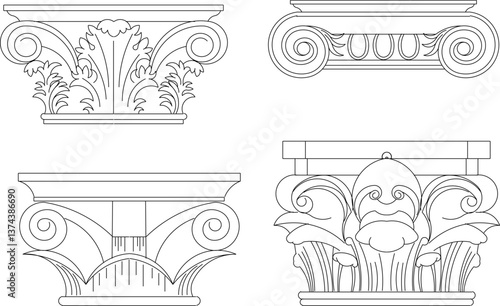 sketch vector illustration design engineering drawing architectural detail column head pillar Neoclassical Style Decor classic vintage ethnic 