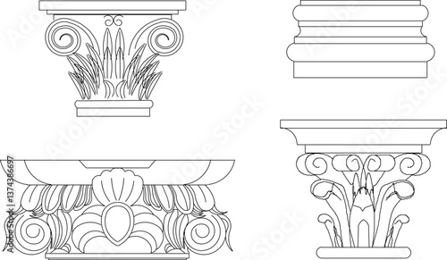 sketch vector illustration design engineering drawing architectural detail column head pillar Neoclassical Style Decor classic vintage ethnic  