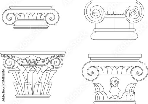 sketch vector illustration design engineering drawing architectural detail column head pillar Neoclassical Style Decor classic vintage ethnic