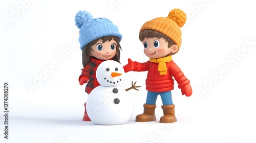 Kids building snowman on white background. Winter themed illustrations for seasonal holiday cards