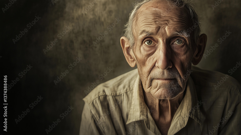 Elderly man with weathered face displays wisdom and experience in intimate portraiture at home during twilight hours Elderly man with weathered face displays wisdom and experience in intimate portraiture at home during twilight hours