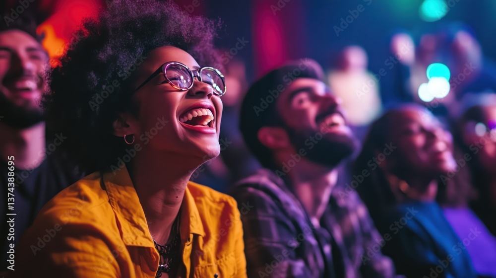 Group of diverse individuals enjoying a comedy show with laughter and bright stage lights in a lively theater setting Group of diverse individuals enjoying a comedy show with laughter and bright stage lights in a lively theater setting