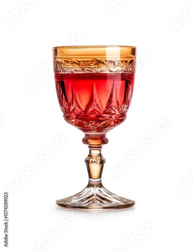 Elegant red ornamental glass goblet with intricate design isolated on white background.