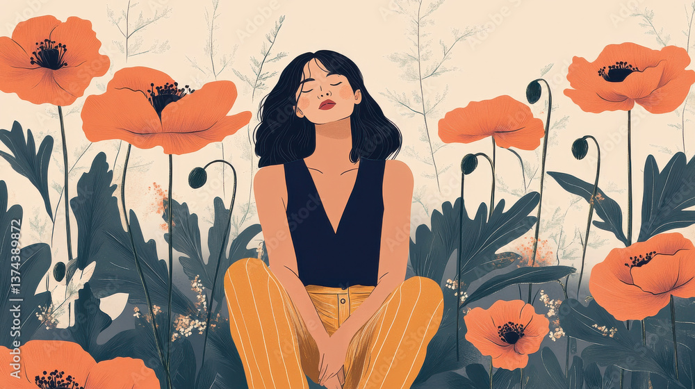 Elegant illustrated scene of a woman in quiet reflection, surrounded by blooming poppies, tall leaves rising behind her