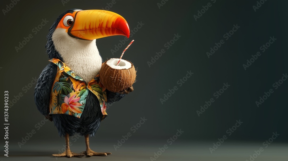 Fototapeta premium Cheerful cartoon toucan in tropical shirt holding coconut drink with straw. Concept of summer vacation, tropical mascot character, and fun exotic lifestyle