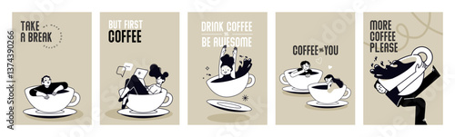 Take a break. Set of vector illustrations of people enjoying free time, drinking coffee, daily routine for social media banners, posters, marketing material, restaurants and coffee bars ads.