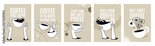 Coffee take away. Set of posters. Vector illustrations of people enjoying free time, drinking coffee, daily routine for social media banners, marketing material, restaurants and coffee bars ads.