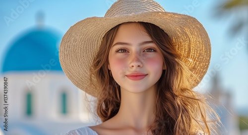 Young Woman in Straw Hat Smiles Against Blue Dome in a Sunny Mediterranean Se...