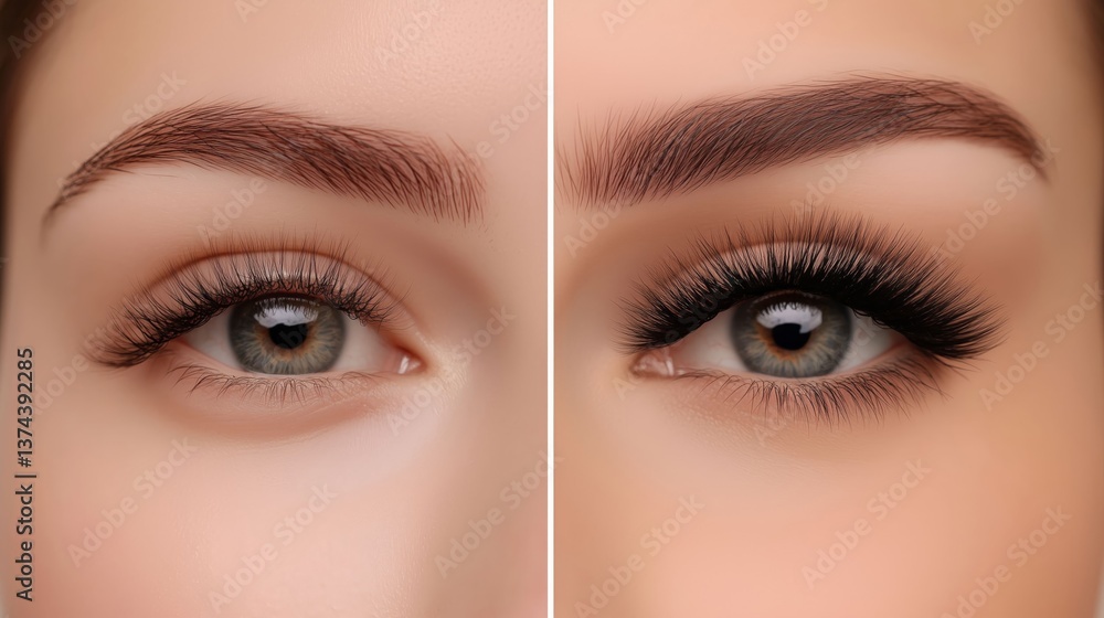 Fototapeta premium A close-up comparison of eyelashes before and after extensions, highlighting the transformation and added volume.