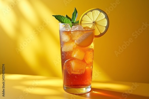 Refreshing iced tea with lemon mint sunlit glass vibrant yellow background summer drink