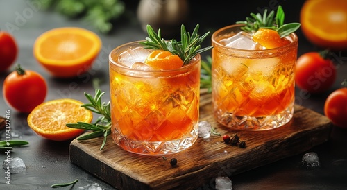 Refreshing Citrus Cocktails Served With Rosemary on a Wooden Board in a Vibra...