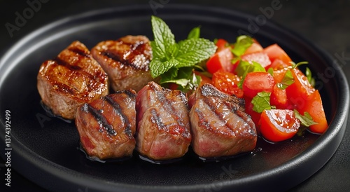 Grilled Meat Served With Fresh Salad and Herbs on a Black Plate