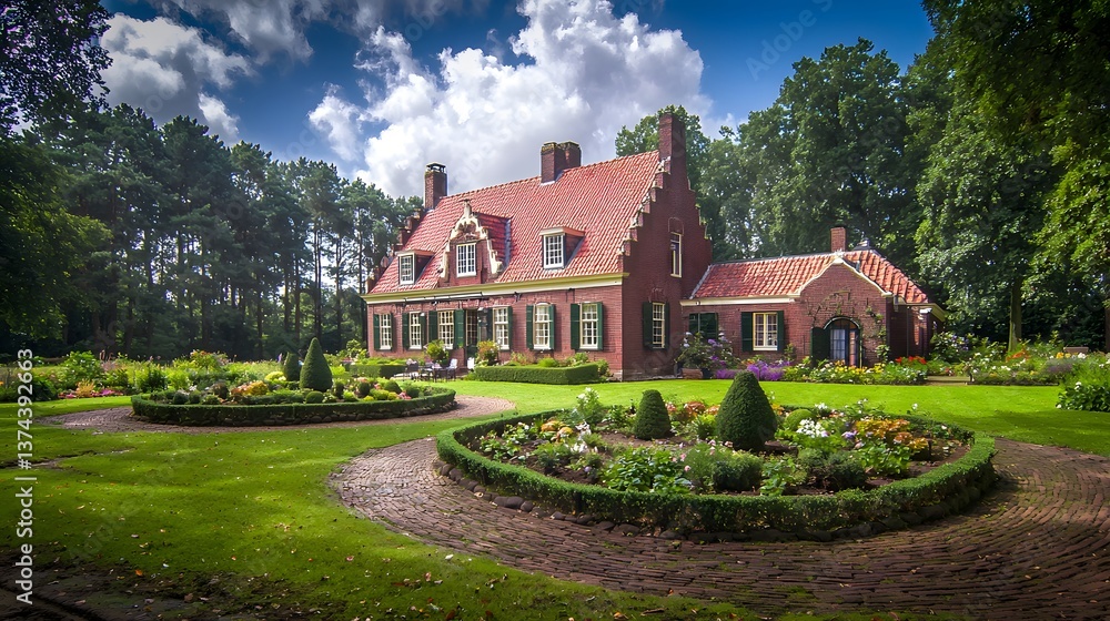 Fototapeta premium Large red brick home with garden. Use real estate, architecture, or luxury lifestyle