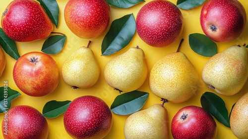 Fresh Apples Arranged Neatly on a Yellow Background Showcasing Vibrant Colors...